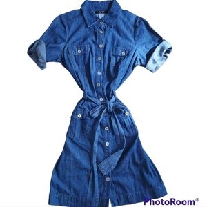 Vintage Denim Dress Size 11/12 Button Front 90's Retro Short Sleeves Sash